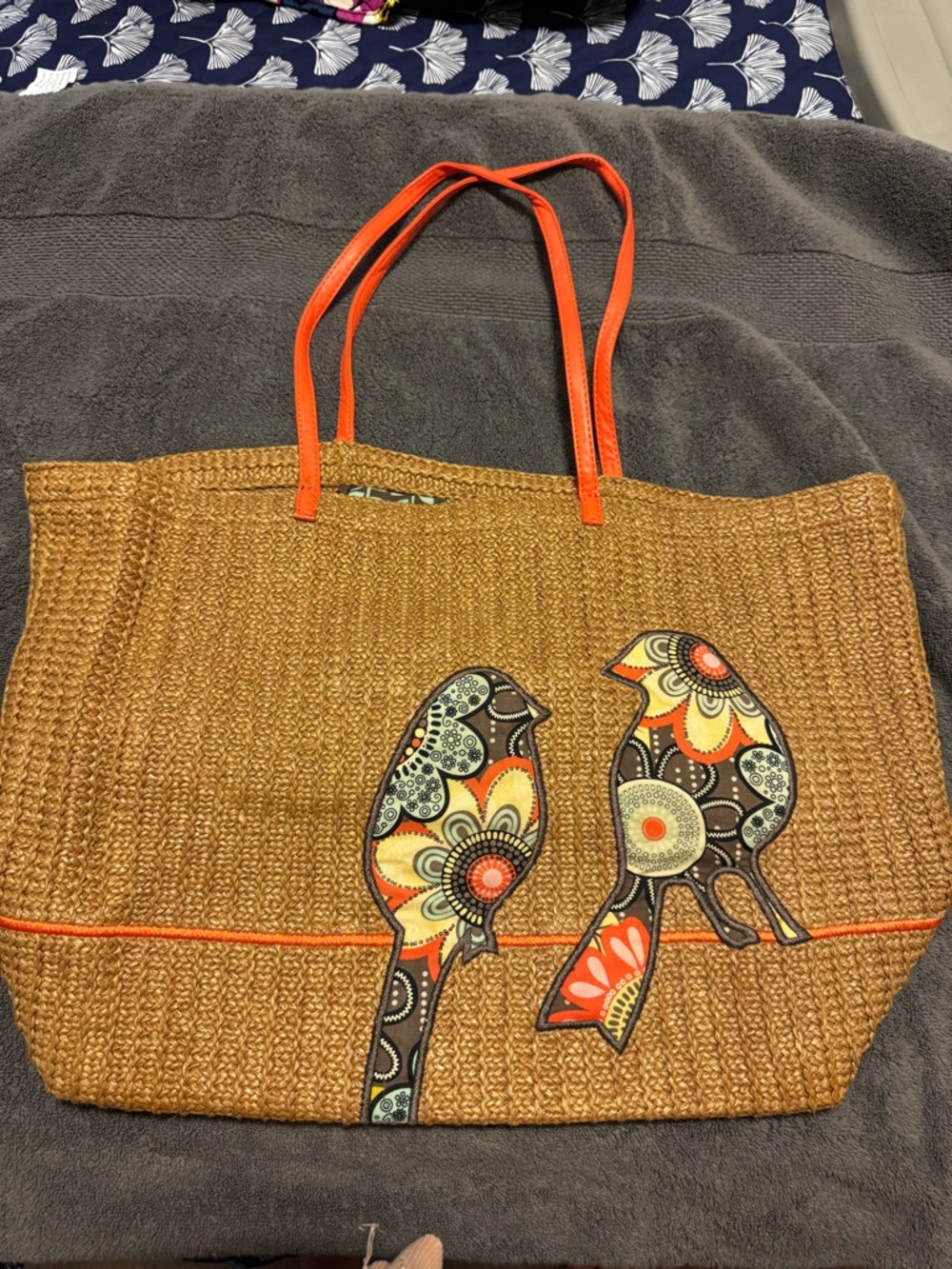Vera Bradley Tan Straw Tote with Orange Handles and Floral Bird Appliques